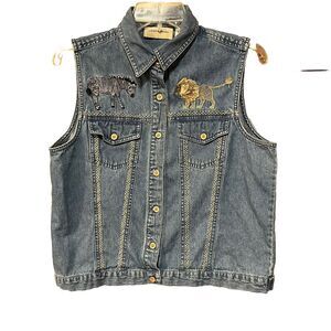Vintage Lemon Grass Women’s Denim Embroidered Sleeveless Vest Size M Zebra Lion